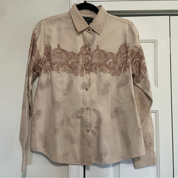 Bit & Bridle Button Down Blouse Horses Western Khaki Size Medium - Picture 1 of 9